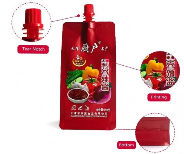 Wholesale 450g Flat Bottom Garlic Chilli Sauce Packaging Bag With Spout - Image 3