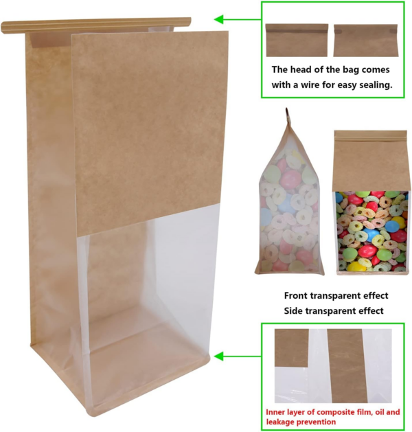 Square Bottom Bakery Bags with Window Resealable Tin Tie Tab Lock  Bread Storage Bags - Image 3